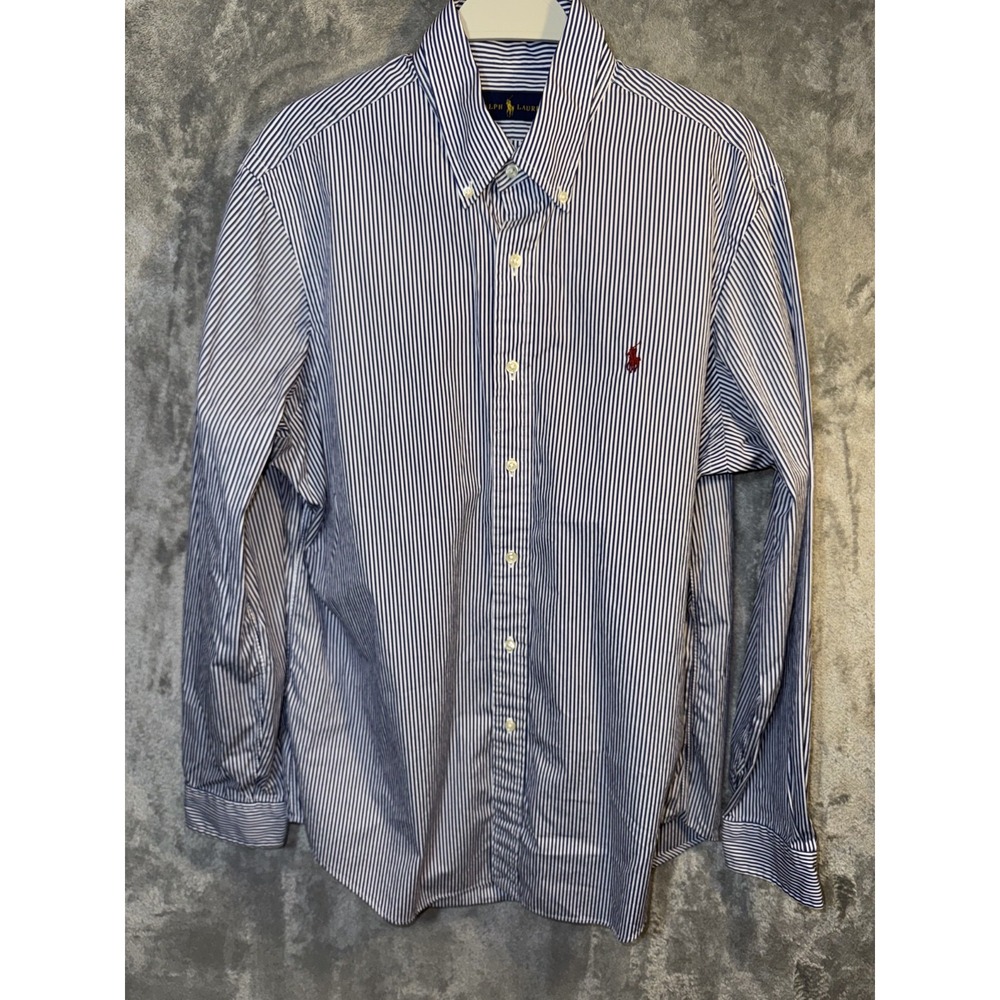 Polo Ralph Lauren Men's Sz M Blue Striped Oxford Custom Fit Button Down Red Pony - Picture 2 of 8